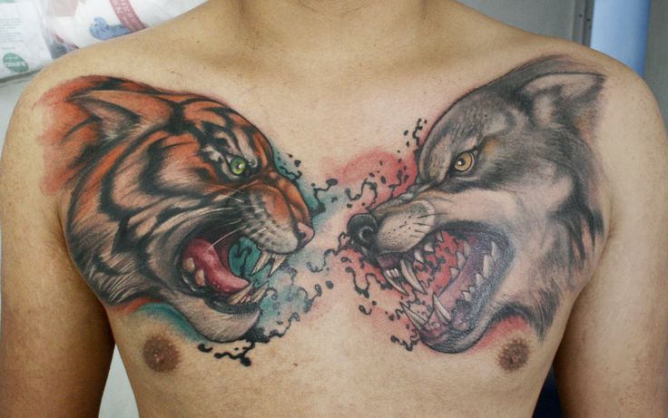 Wolf Head And Tiger Head Tattoos On Chest