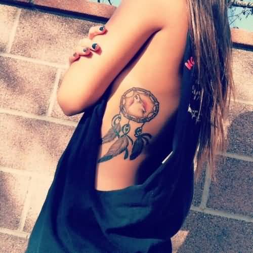 Wolf Head Dreamcatcher Tattoo On Girl Side