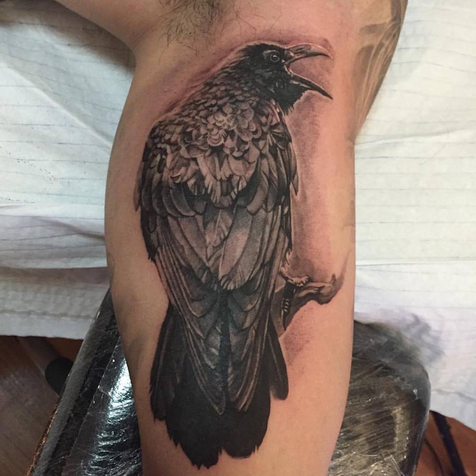 Wonderful Black Ink Crow Tattoo Design For Half Sleeve By Elvin