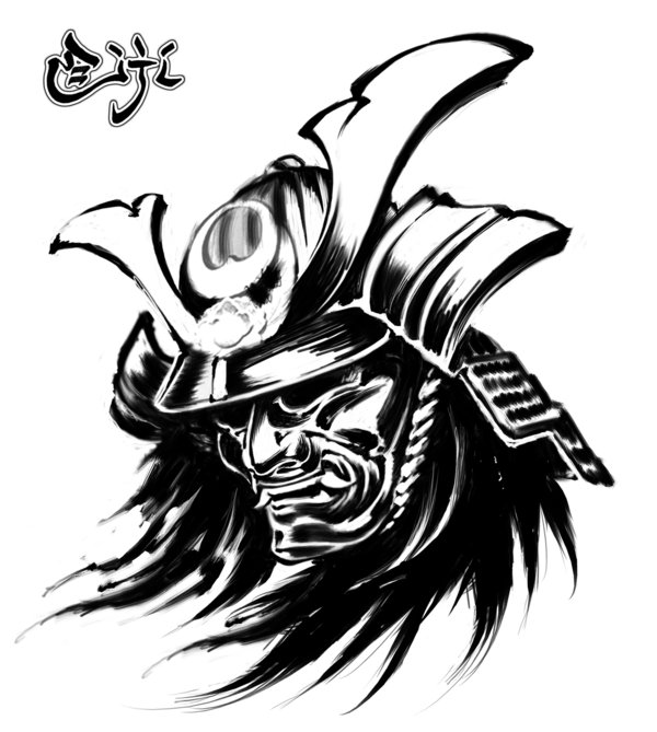 Wonderful Black Ink Samurai Head Tattoo Design By Quidamz