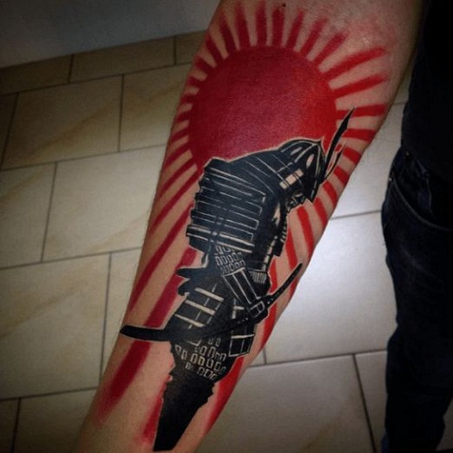 Wonderful Black Ink Samurai Tattoo On Right Forearm