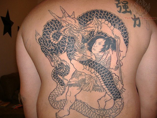 Wonderful Black Ink Samurai With Dragon Tattoo On Man Full Back