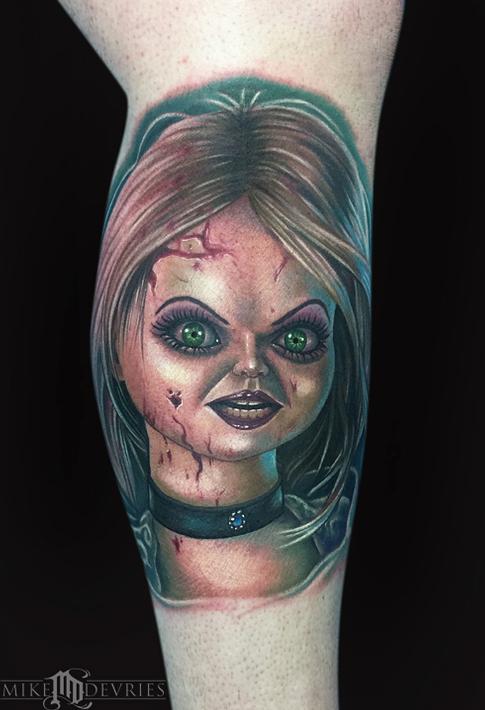 Wonderful Bride Of Chucky Doll Head Tattoo On Leg Calf