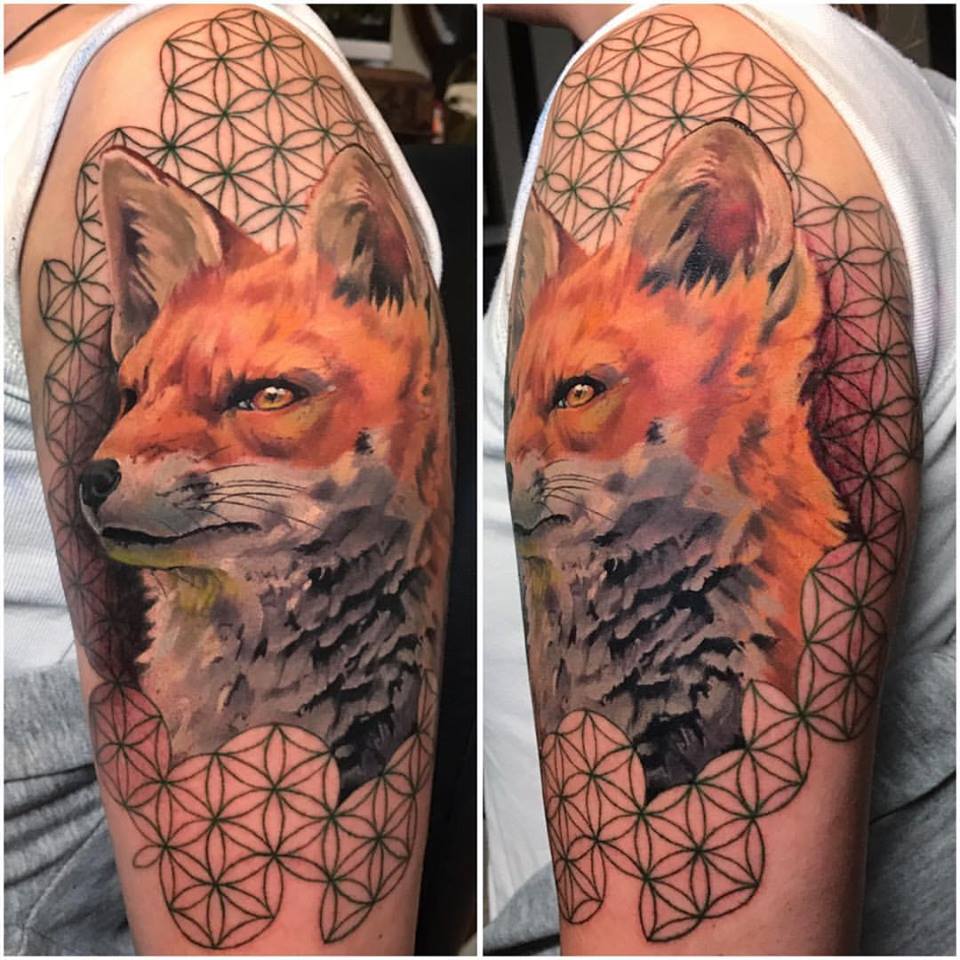 Wonderful Fox Tattoo On Man Left Half Sleeve By Crispy Lennox