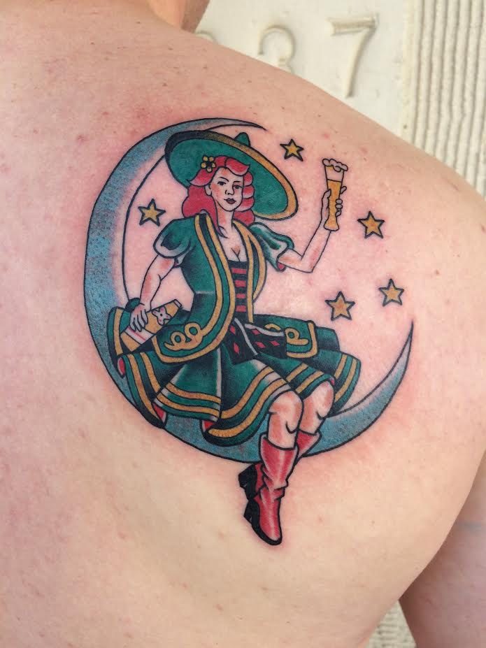 Wonderful Girl On Half Moon Tattoo On Man right Back Shoulder