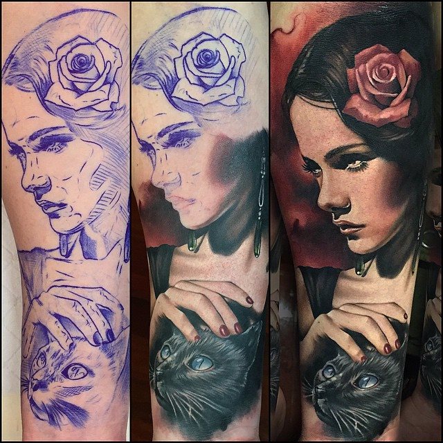 Wonderful Girl With Cat Portrait Tattoo Design For Half Sleeve By Benjamin Laukis