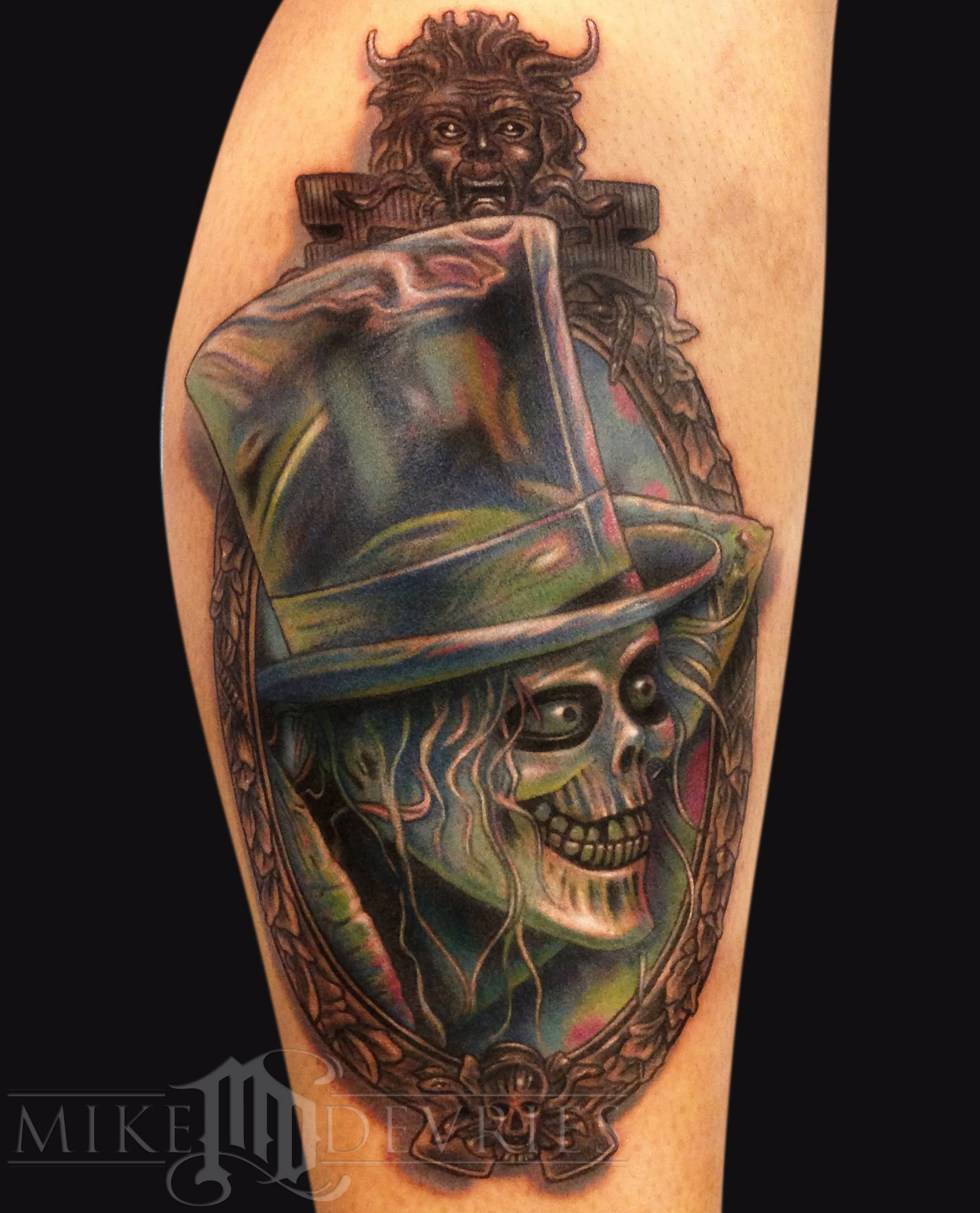 Wonderful Hatbox Ghost In Frame Tattoo On Leg Calf By Mike Devries