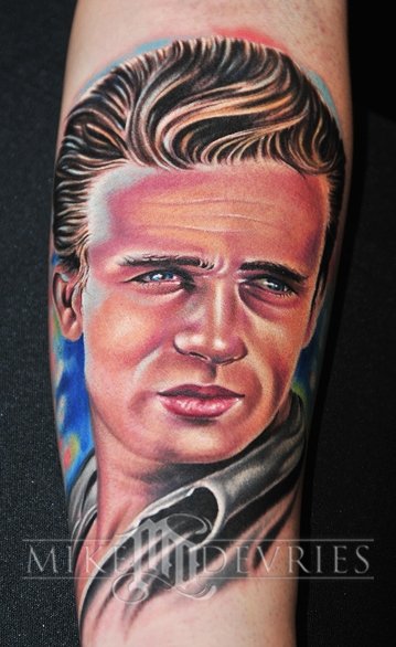 Wonderful James Dean Face Tattoo On Forearm By Mike Devries