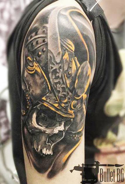 Wonderful Samurai Skull Tattoo On Right Half Sleeve By Bullet BG