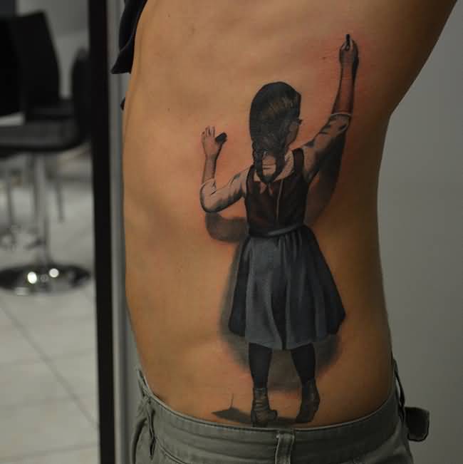 Wonderful School Girl Tattoo On Man Left Side Rib