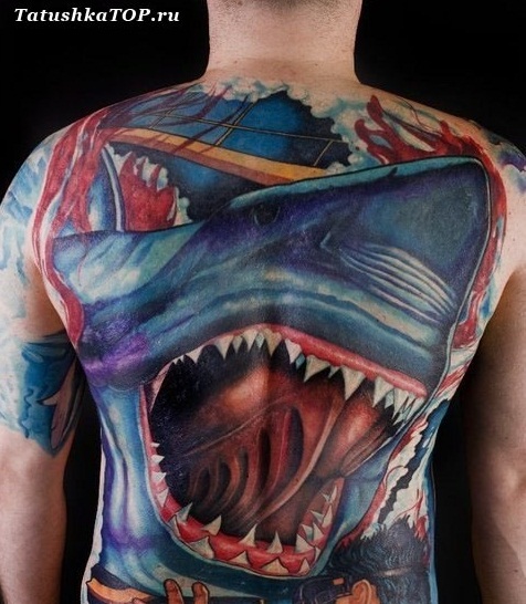 Wonderful Shark Head Tattoo On Man Full Back