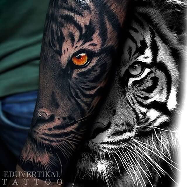 Tiger With Yellow Eye Forearm Tattoo by Eduvertikal Tattoo