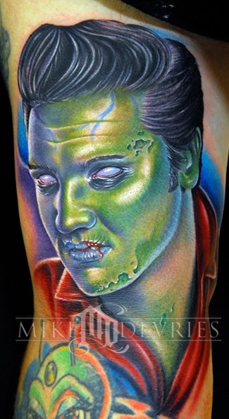 Zombie Elvis Tattoo On Half Sleeve By Mike Devries