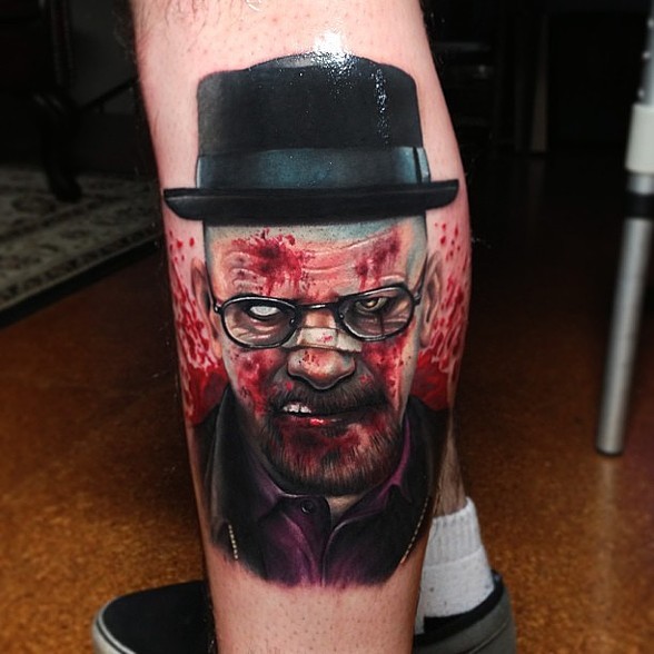 Zombie Man Face Portrait Tattoo On Left Leg