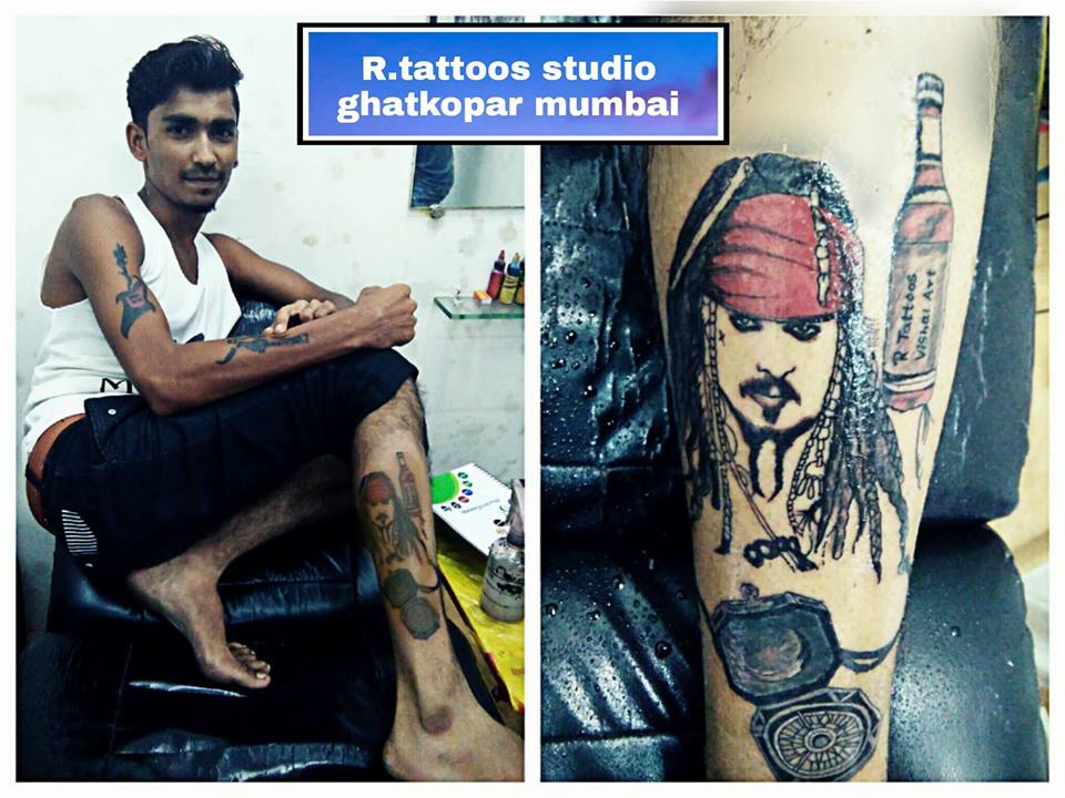 jack sparrow portrait tattoo on leg