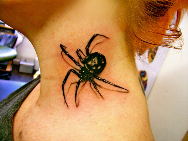 3D Black Spider Tattoo On Girl Side Neck