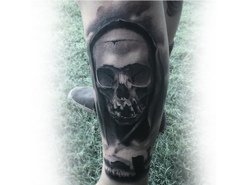 3D Skull Tattoo On Side Leg
