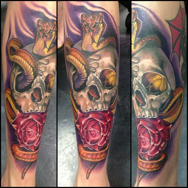 3D Skull With Snake And Rose Tattoo Design For Arm