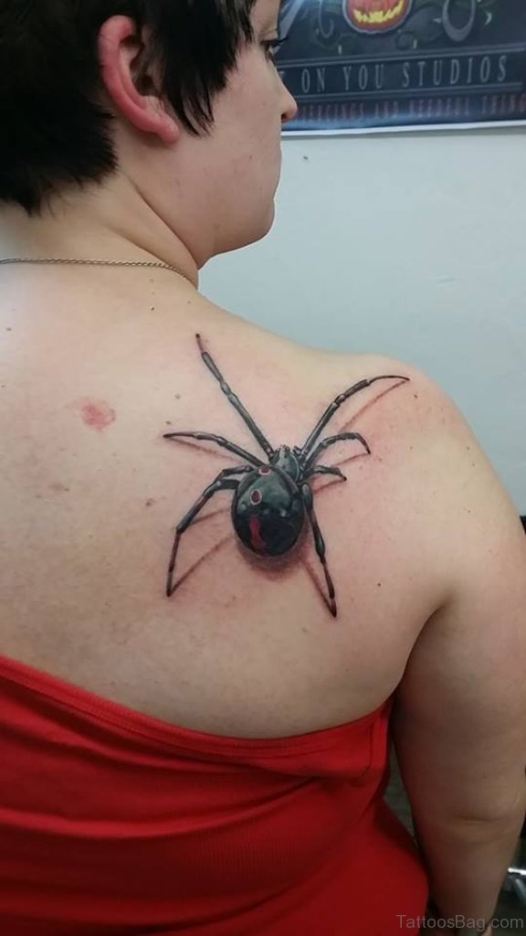 3D Spider Tattoo On Right Back Shoulder For Women