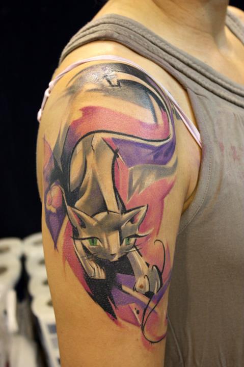 Abstract Cat Tattoo On Women Right Shoulder