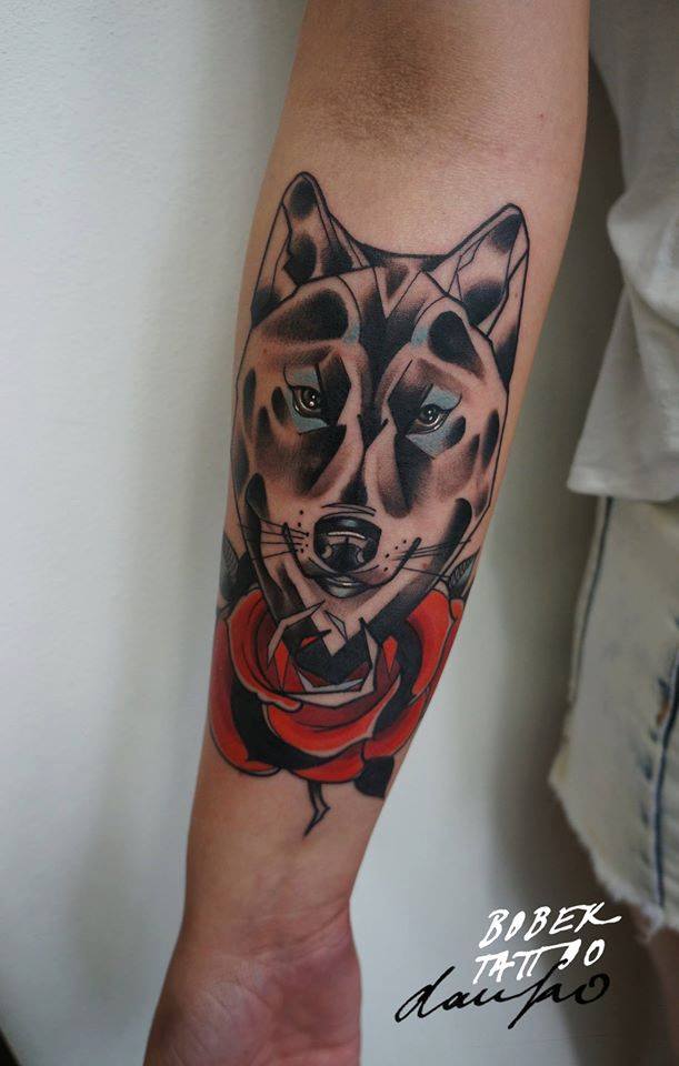 Abstract Dog Head With Rose Tattoo On Forearm