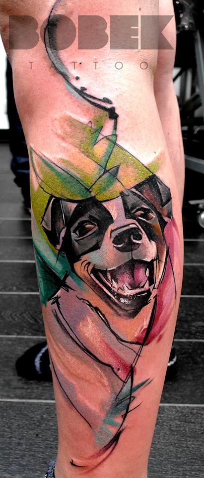 Abstract Dog Tattoo On Left Leg