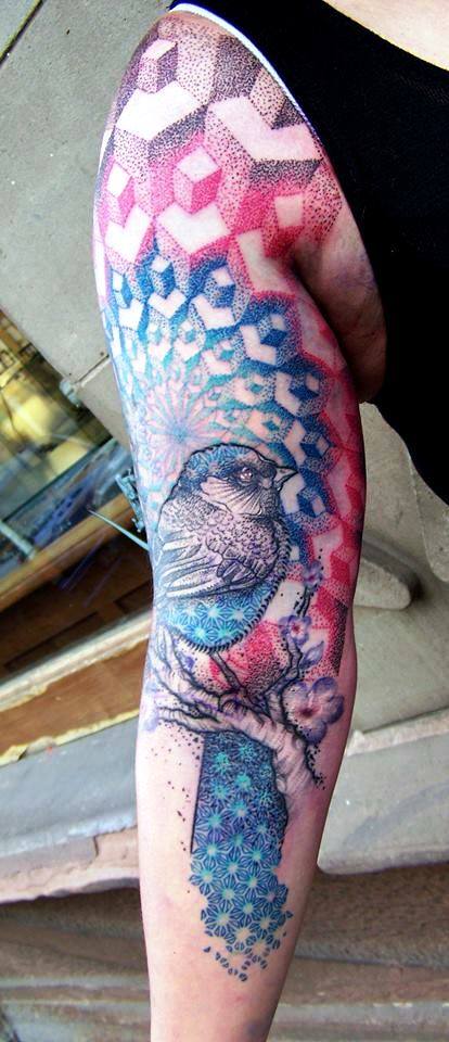 Abstract Dotwork Bird Tattoo On Right Half Sleeve