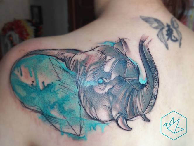 Abstract Elephant Tattoo On Left Back Shoulder