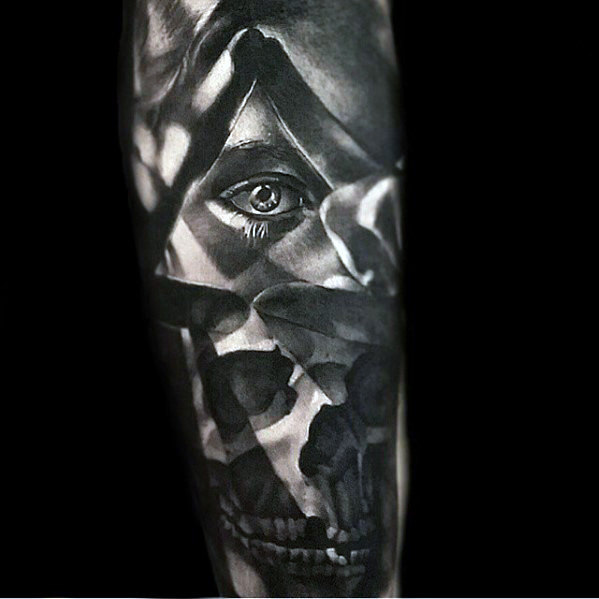 Abstract Eye And Skull Tattoo On Sleeve
