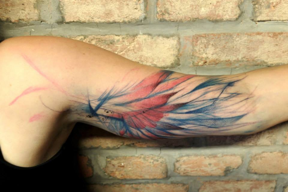 Abstract Flying Bird Tattoo On Left Bicep