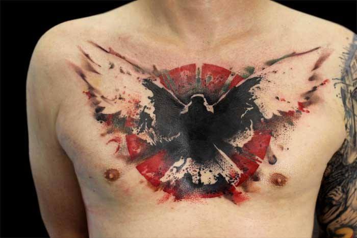 Abstract Flying Bird Tattoo On Man Chest By Martin Routa