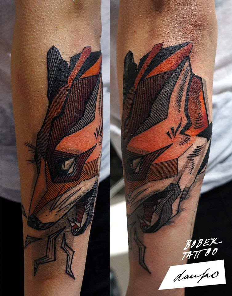 Abstract Fox Head Tattoo On Left Arm By Dan Ko