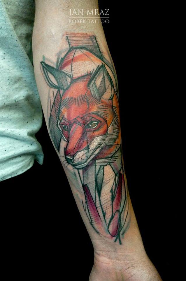 Abstract Fox Head Tattoo On Left Forearm