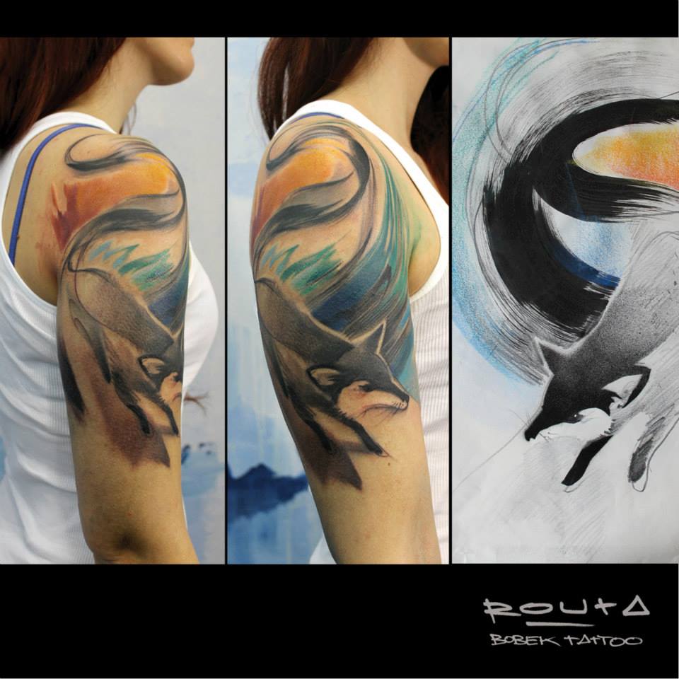 Abstract Fox Tattoo On Women Right Half Sleeve By Martin Routa