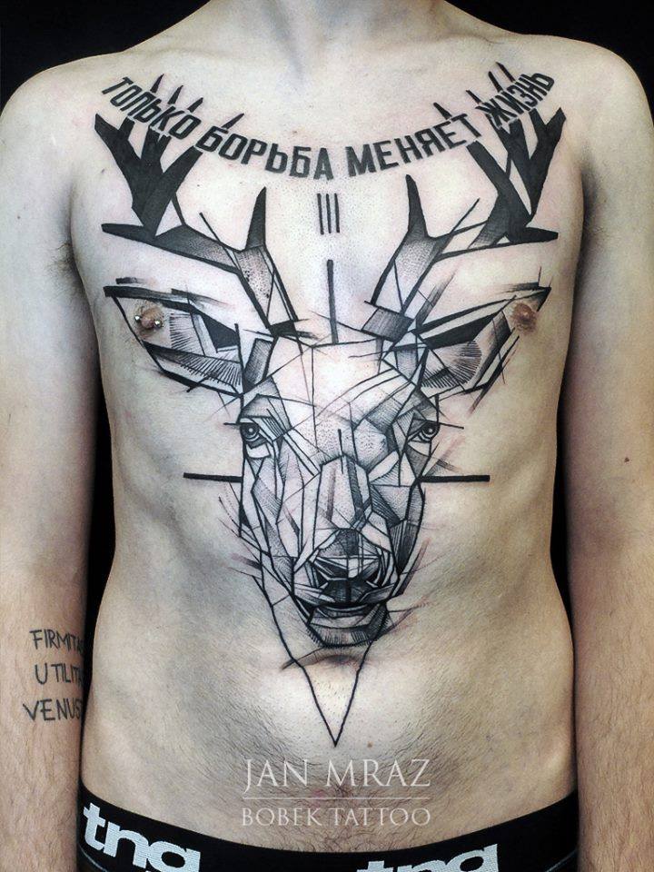 Abstract Geometric Deer Head Tattoo On Man Chest