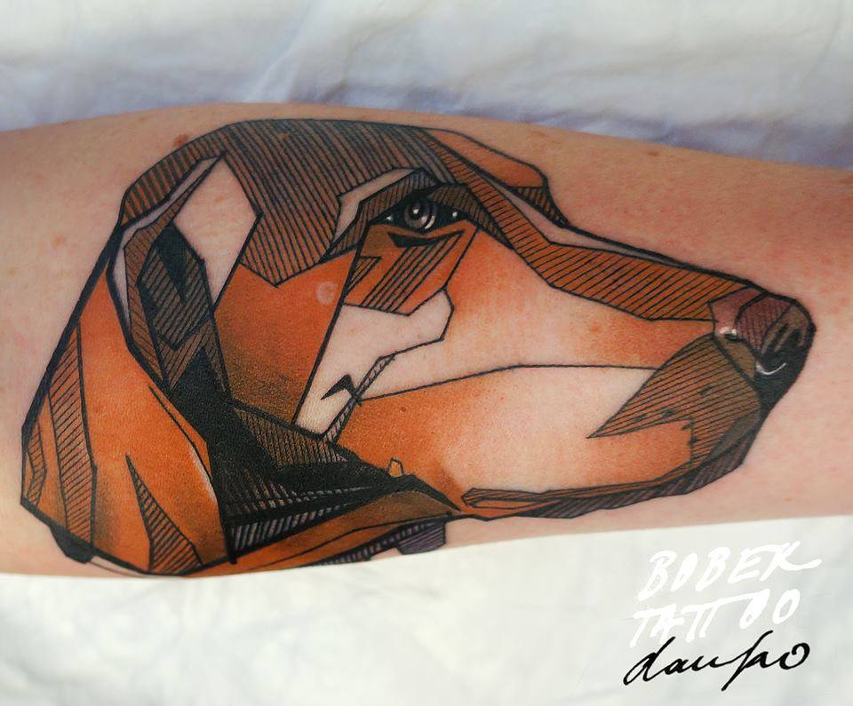 Abstract Geometric Dog Face Tattoo On Sleeve