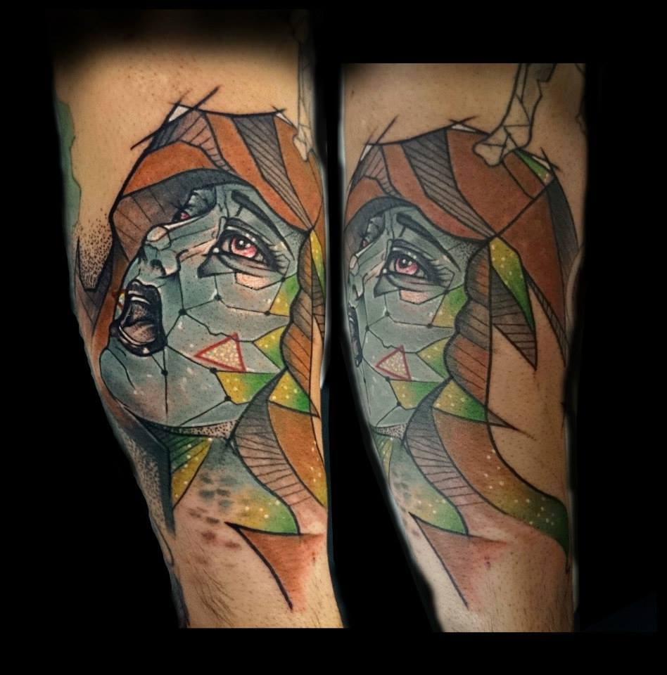Abstract Geometric Women Face Tattoo On Sleeve