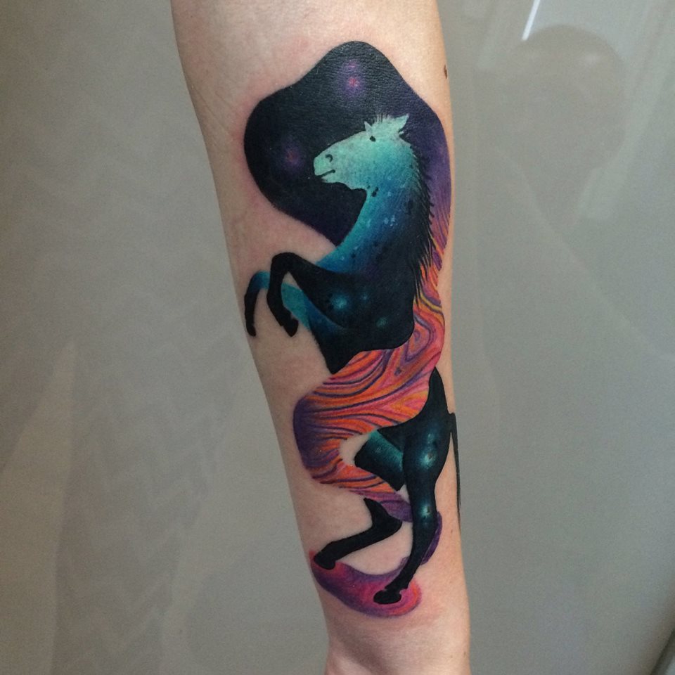 Abstract Horse Tattoo On Left Forearm