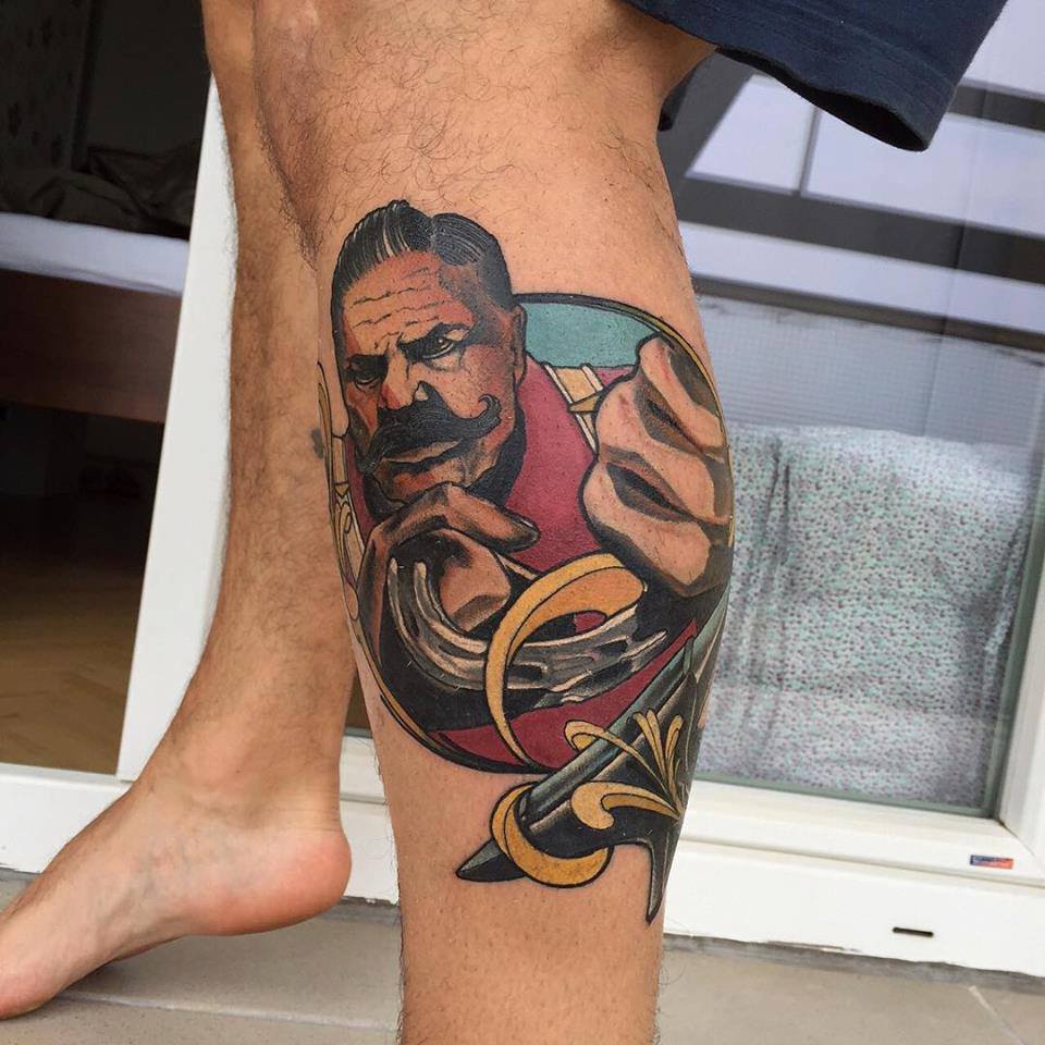 Abstract Man Face Tattoo On Left Leg Calf