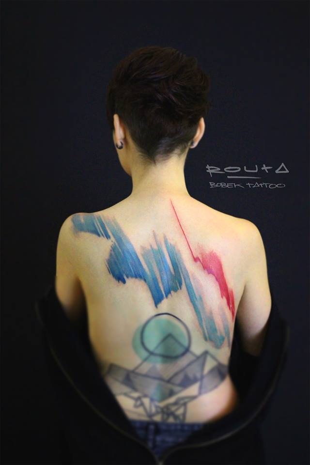 Abstract Mountains Tattoo On Back