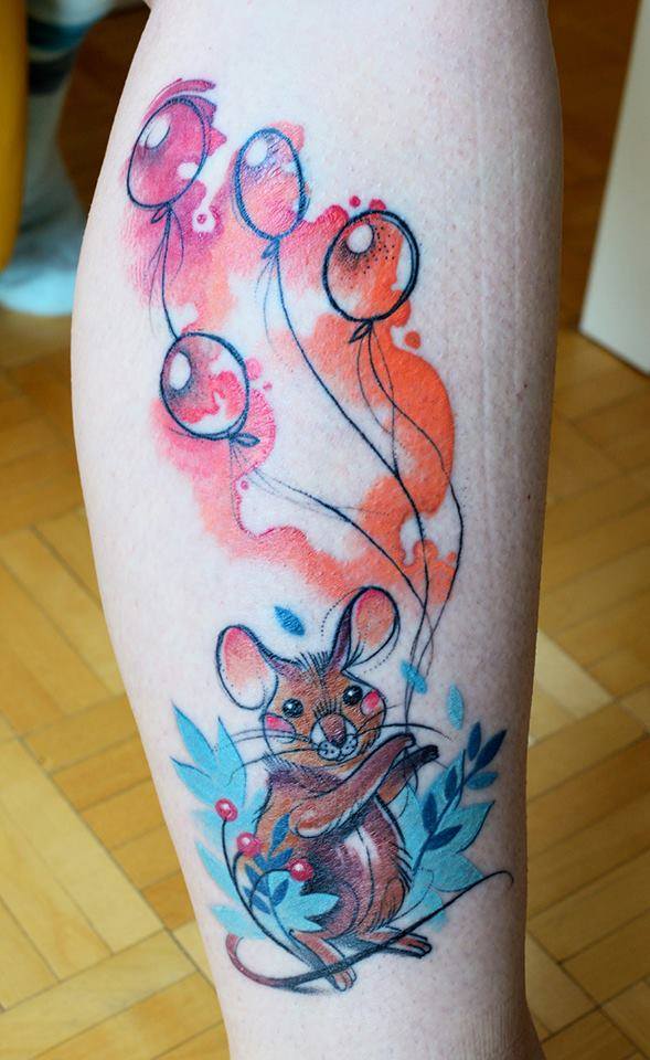 Abstract Rabbit With Balloon Tattoo On Leg