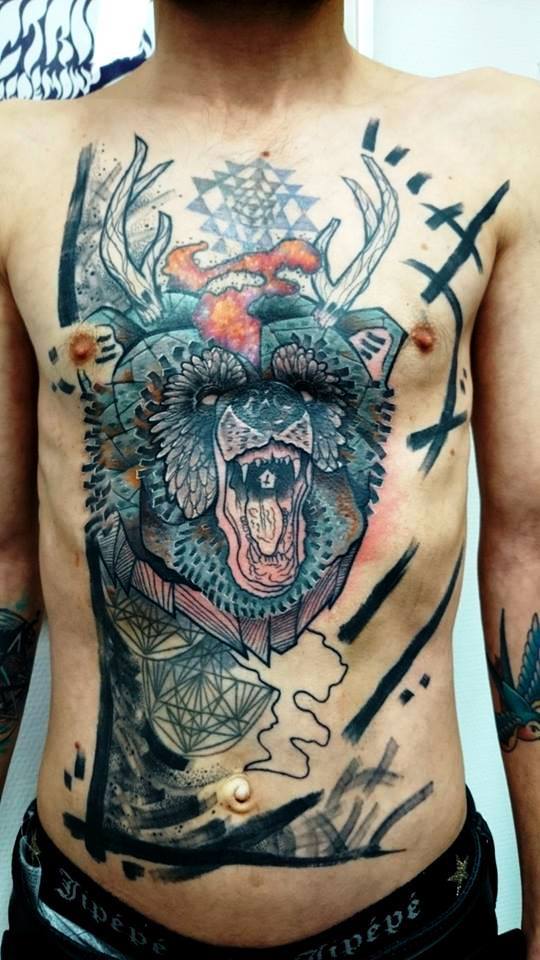 Abstract Roaring Animal Head Tattoo On Man Chest