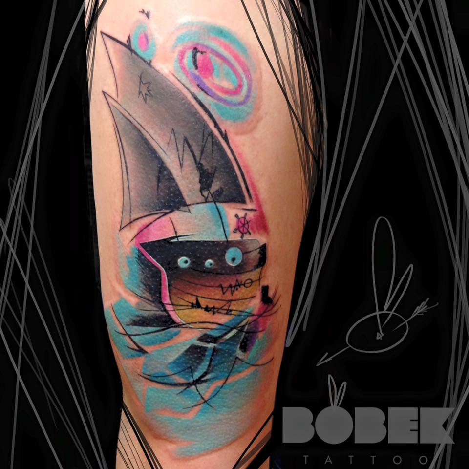 Abstract Ship Tattoo Design For Half Sleeve
