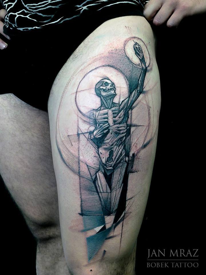 Abstract Skeleton Tattoo On Left Thigh