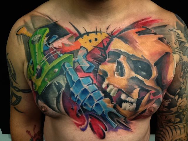 Abstract Skull Tattoo On Man Chest By Peter Bobek