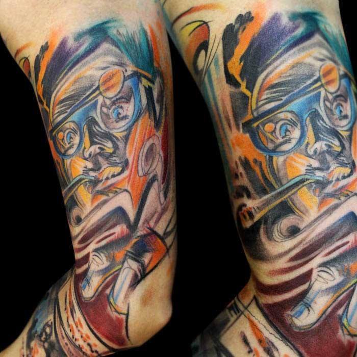 Abstract Smoking Man Face Tattoo On Half Sleeve