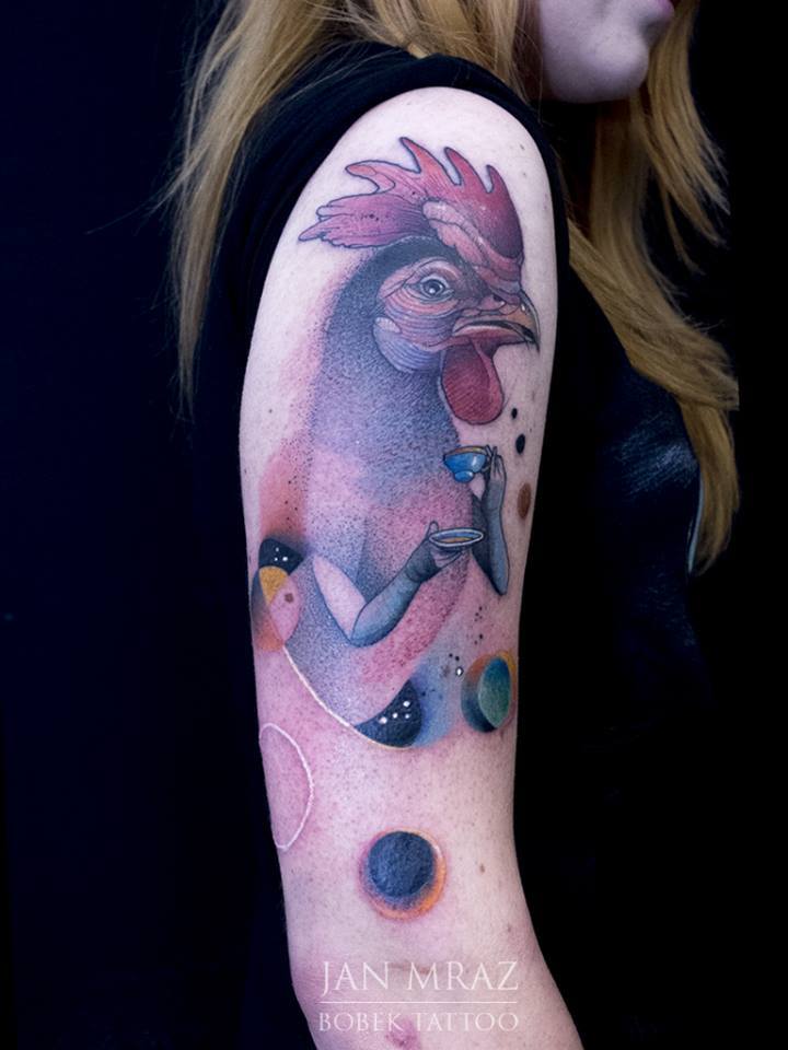 Abstract Traditional Hen Tattoo On Girl Right Half Sleeve