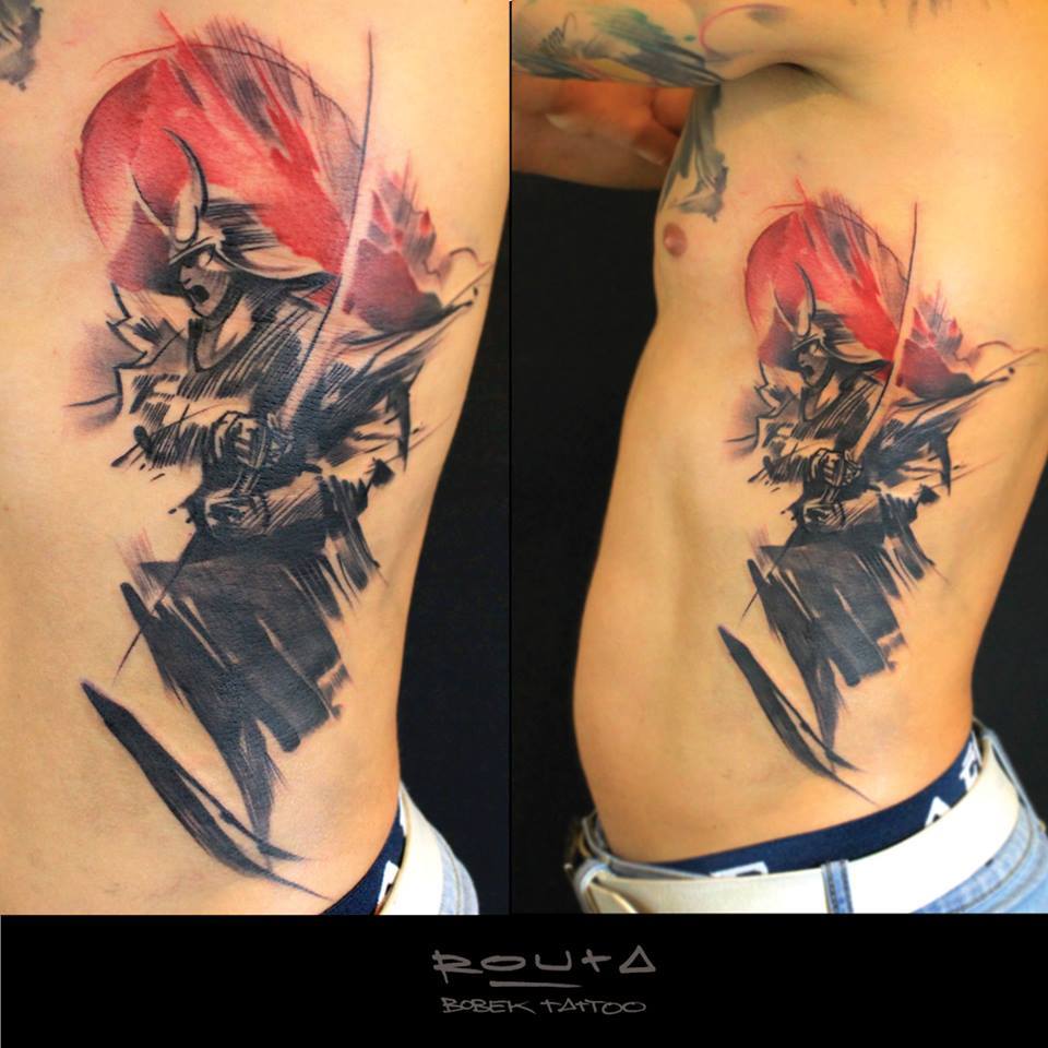 Abstract Warrior Tattoo On Man Left Side Rib By Martin Routa
