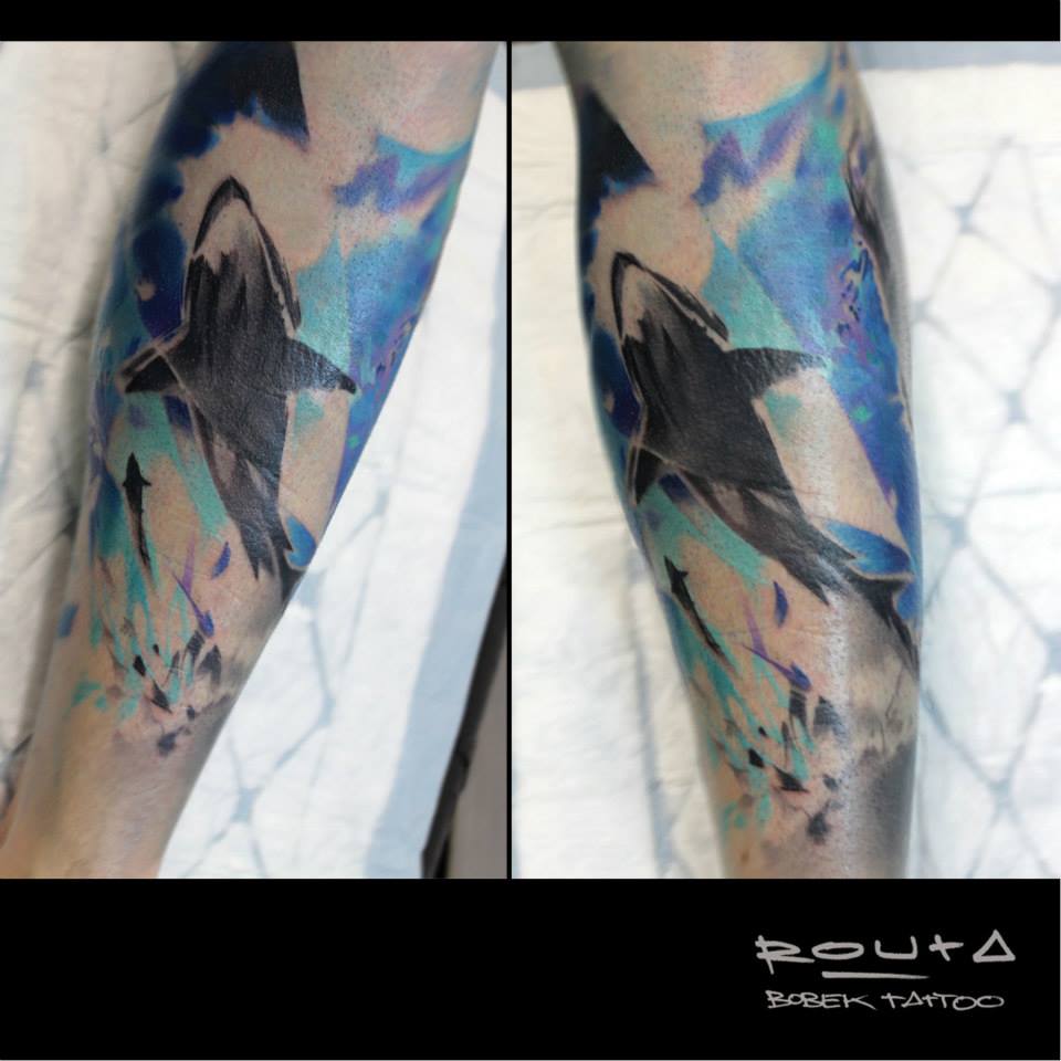 Abstract Whale Tattoo On Leg