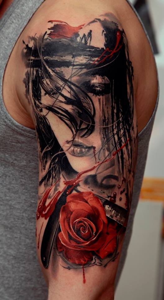 Abstract Women Face With Rose Tattoo On Man Left Half Sleeve